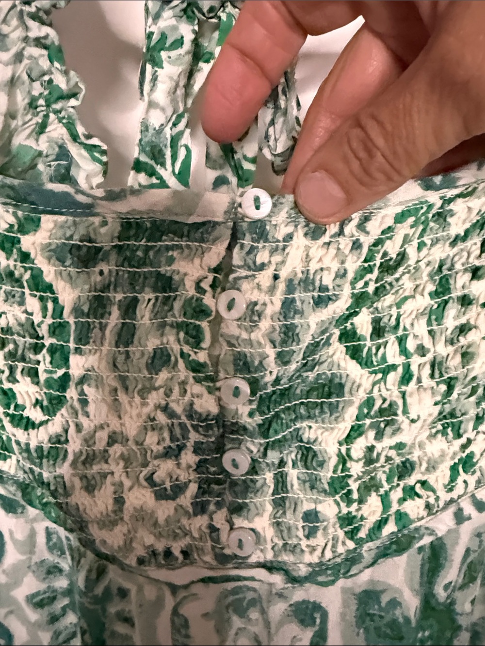 Anthropologie Green-White Smocked Square-Neck Midi Dress - Picture 6 of 9